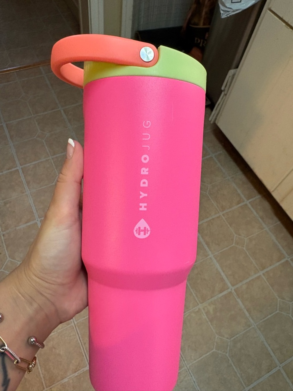 HydroJug Hot Pink Tumbler with Lime Lid and Coral Handle